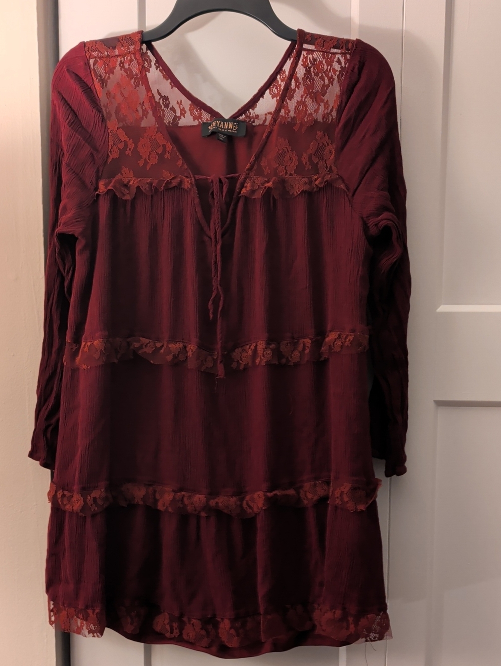 Shyanne Maroon Long-Sleeve Lace Tiered Dress
